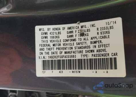 2015 Honda Accord Sport из США, поврежденный, VIN 1HGCR2F5XFA055660